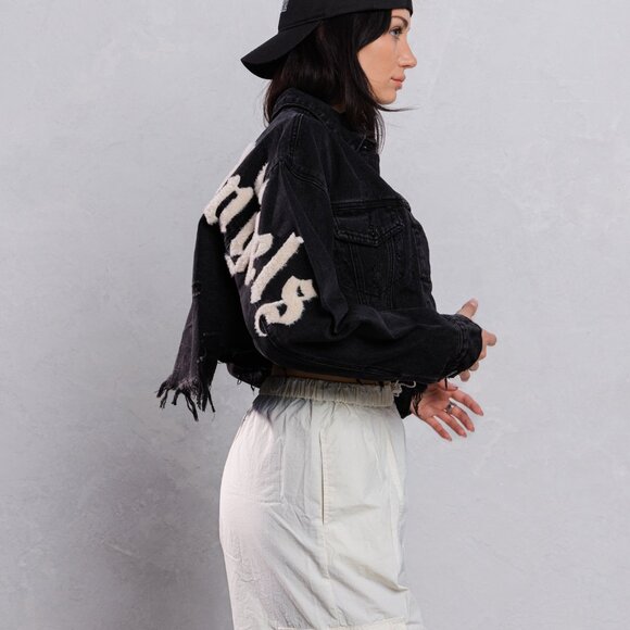 CITY OF ANGEL Cream font Crop Denim Jacket - Picture 2 of 8
